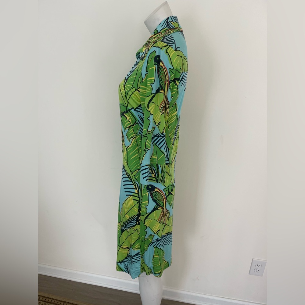 Lilly Pulitzer Palm and Parrot Print Long Sleeves Silk/Jersey Shirt Dress size10 - Picture 2 of 5